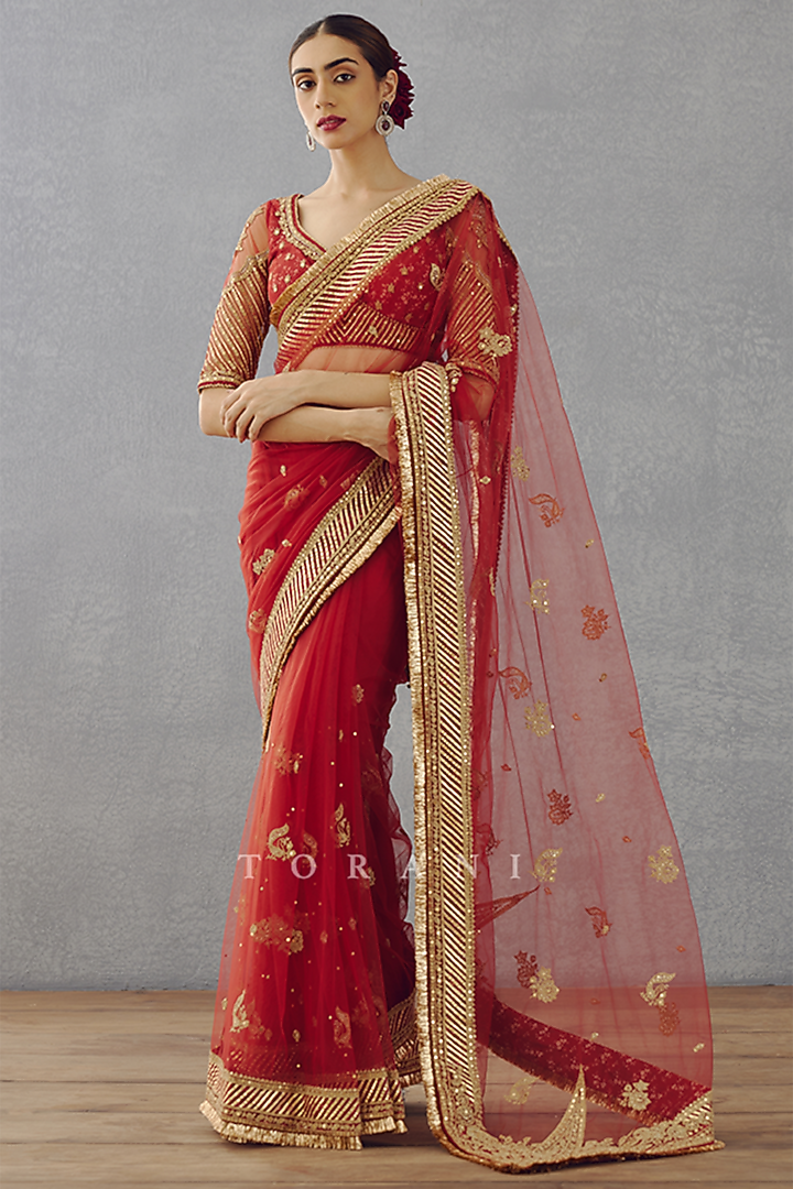 Bright Red Hand Embroidered Wedding Saree by TORANI at Pernia's Pop Up Shop