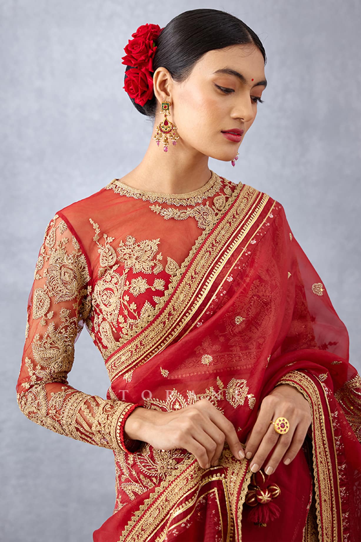 Shop Red Silk Designer Saree Blouse with Dori Ties and Deep ''U