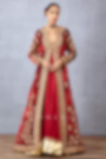 Bright Red Slub Silk Bridal Anarkali Set by TORANI at Pernia's Pop Up Shop