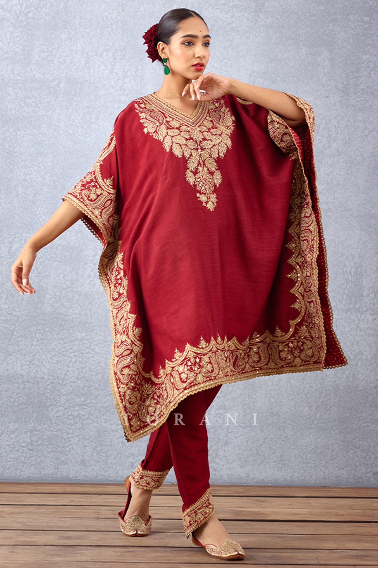 Bright Red Embroidered Kaftan Set by TORANI at Pernia's Pop Up Shop