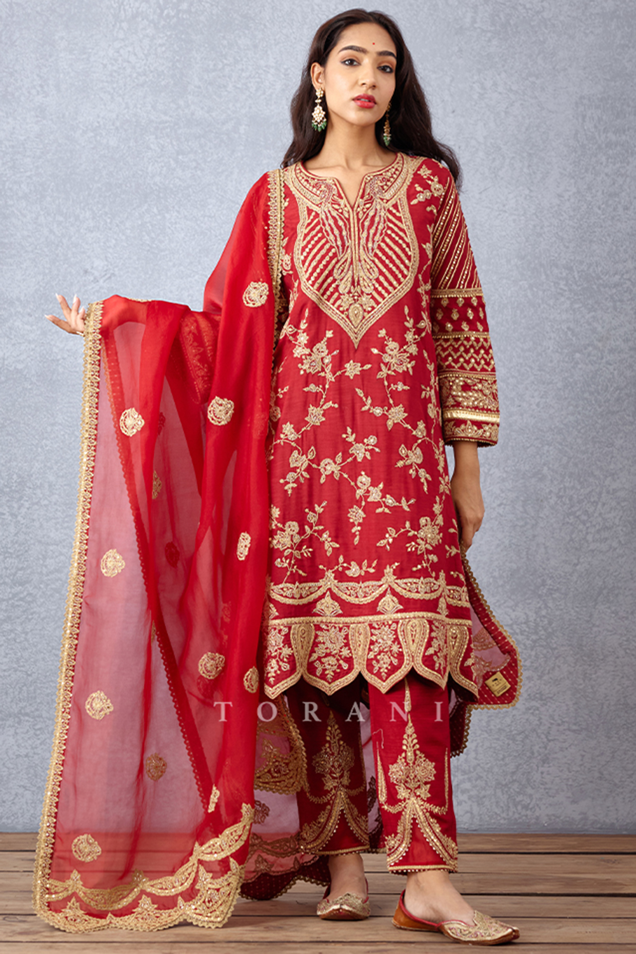 Bright Red Embroidered Kurta Set by TORANI at Pernia's Pop Up Shop