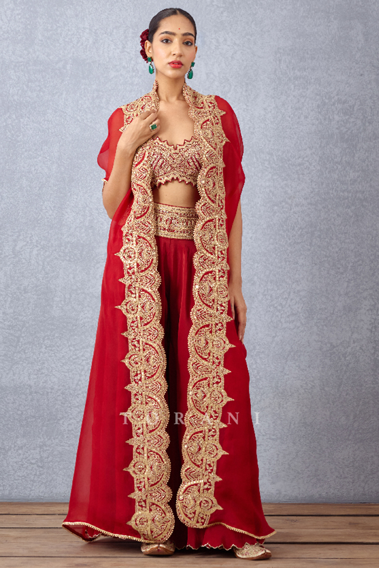 Bright Red Silk Crepe Bridal Sharara Set by TORANI at Pernia's Pop Up Shop