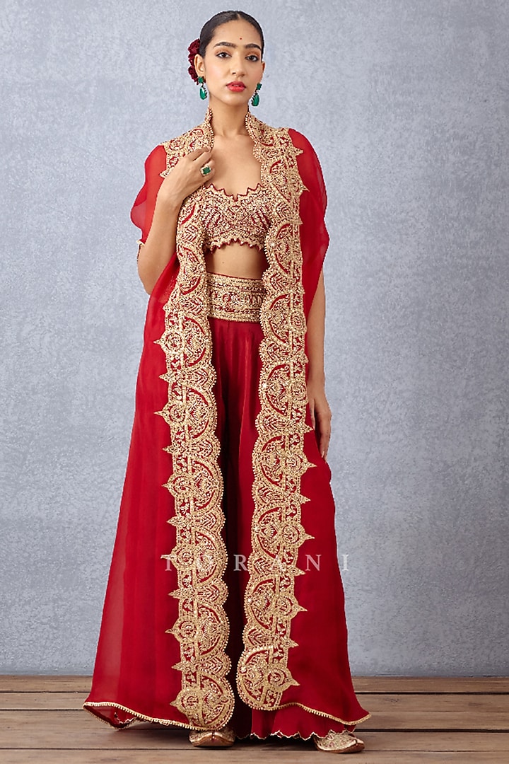 Bright Red Silk Crepe Bridal Sharara Set by TORANI at Pernia's Pop Up Shop