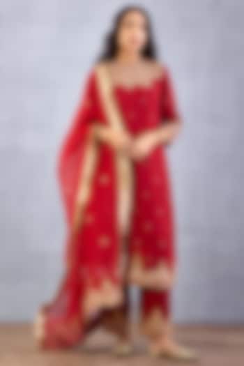 Bright Red Embroidered Bandhgala Kurta Set by TORANI at Pernia's Pop Up Shop