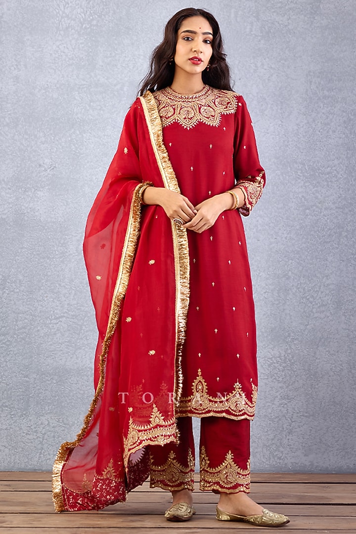 Bright Red Embroidered Bandhgala Kurta Set by TORANI at Pernia's Pop Up Shop