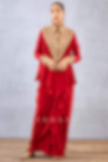 Bright Red Silk Crepe Dhoti Set by TORANI at Pernia's Pop Up Shop