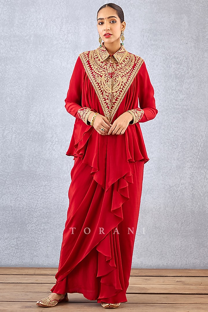 Bright Red Silk Crepe Dhoti Set by TORANI at Pernia's Pop Up Shop