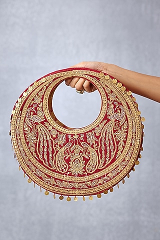 Bright Red Hand Embroidered Hobo Bag by TORANI