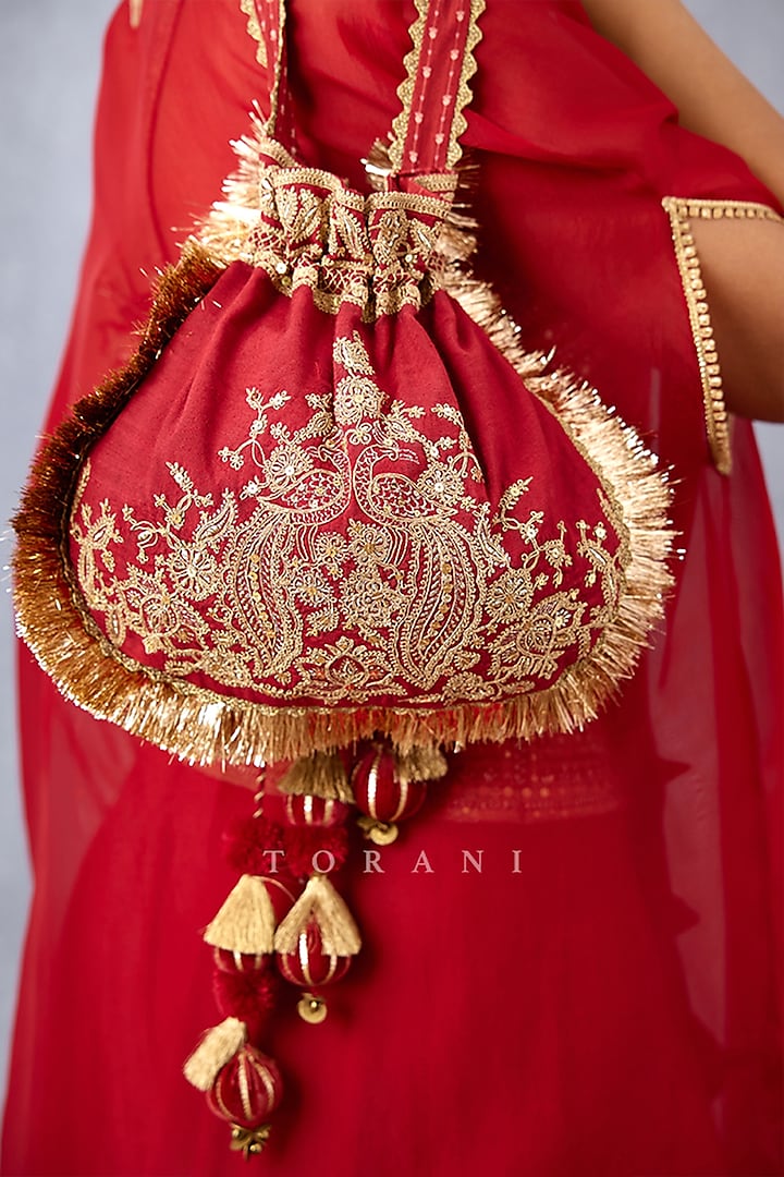 Bright Red Embroidered Potli by TORANI