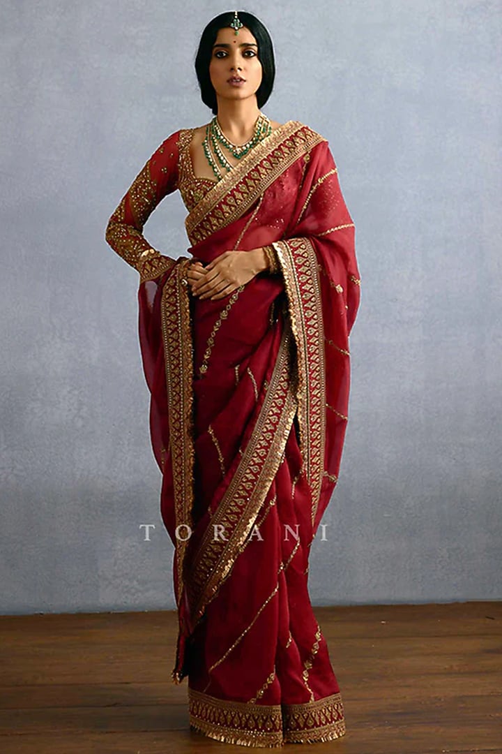 Red Organza Zari Embroidered Reception Saree by TORANI at Pernia's Pop Up Shop