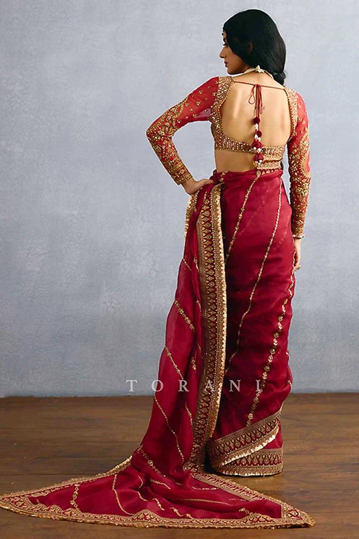 Red Organza Zari Embroidered Reception Saree by TORANI at Pernia's Pop Up Shop