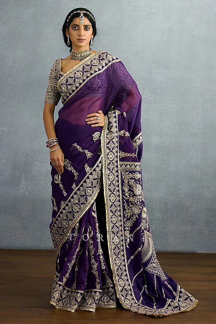 Purple Organza Zari Embroidered Reception Saree  by TORANI at Pernia's Pop Up Shop
