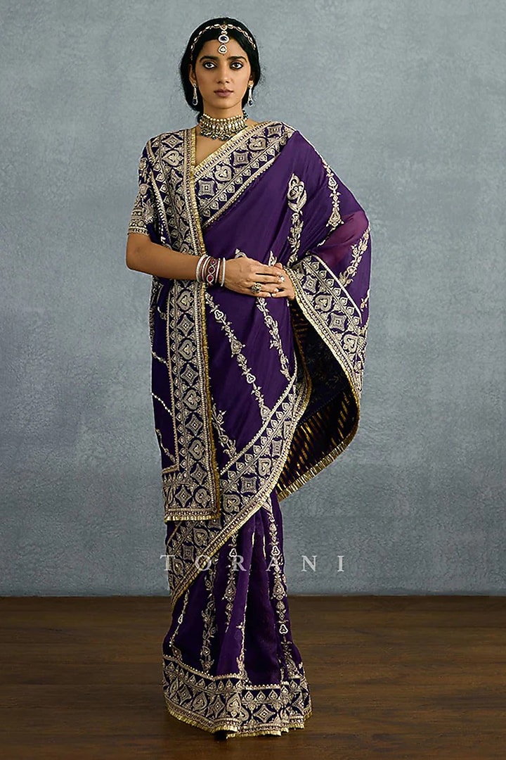 Purple Organza Zari Embroidered Reception Saree by TORANI at Pernia's Pop Up Shop