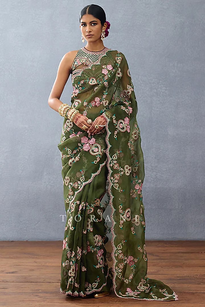 Green Organza Embroidered Reception Saree by TORANI at Pernia's Pop Up Shop