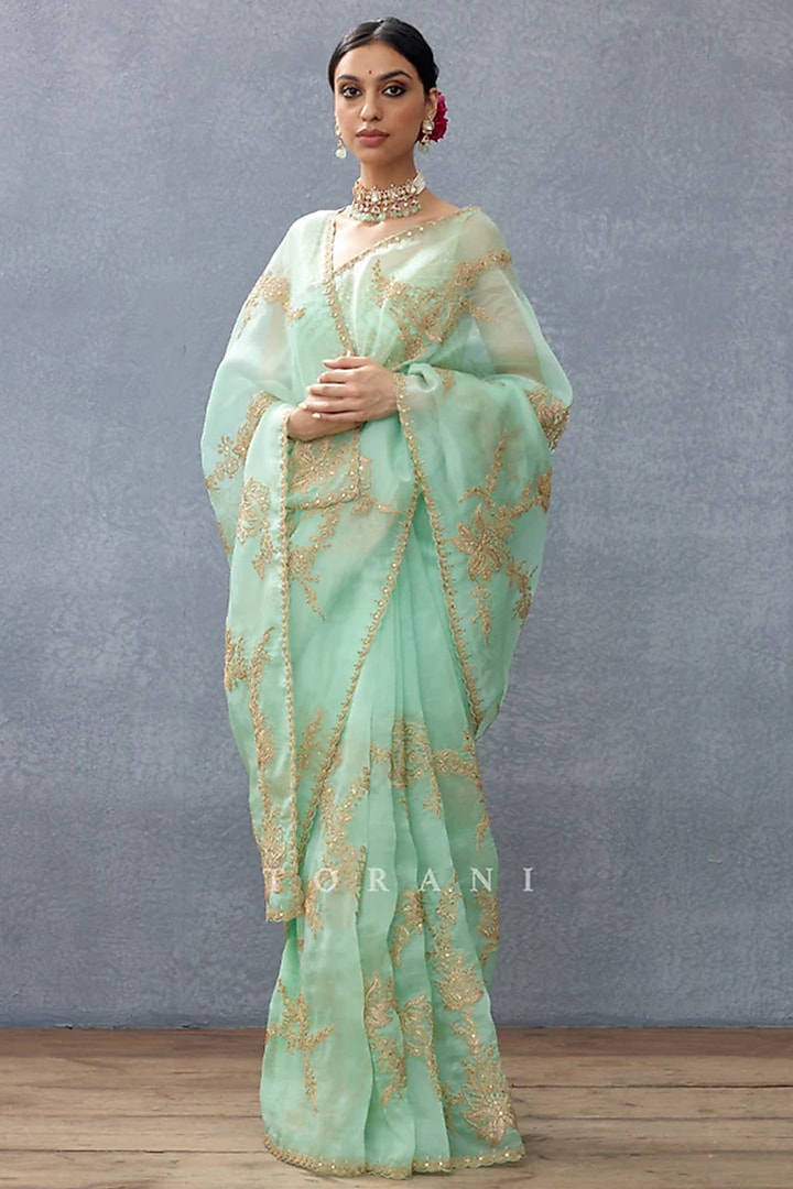 Mint Silk Organza Hand Embroidered Reception Saree by TORANI at Pernia's Pop Up Shop