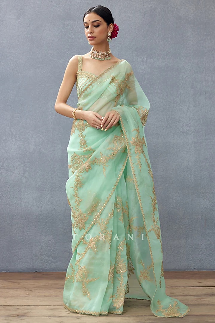 Mint Silk Organza Hand Embroidered Reception Saree by TORANI at Pernia's Pop Up Shop