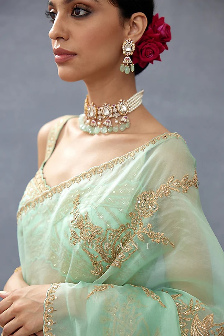 Mint Silk Organza Hand Embroidered Reception Saree by TORANI at Pernia's Pop Up Shop