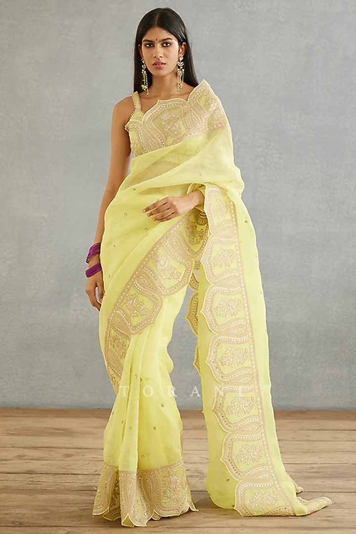 Lime Yellow Silk Organza Hand Embroidered Reception Saree by TORANI at Pernia's Pop Up Shop
