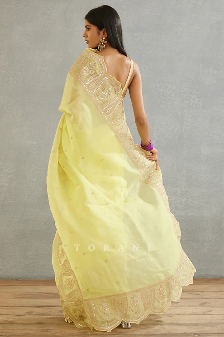 Lime Yellow Silk Organza Hand Embroidered Reception Saree by TORANI at Pernia's Pop Up Shop