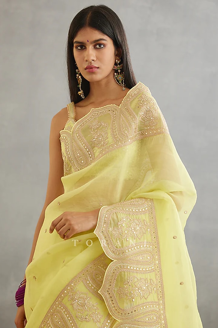 Lime Yellow Silk Organza Hand Embroidered Reception Saree by TORANI at Pernia's Pop Up Shop