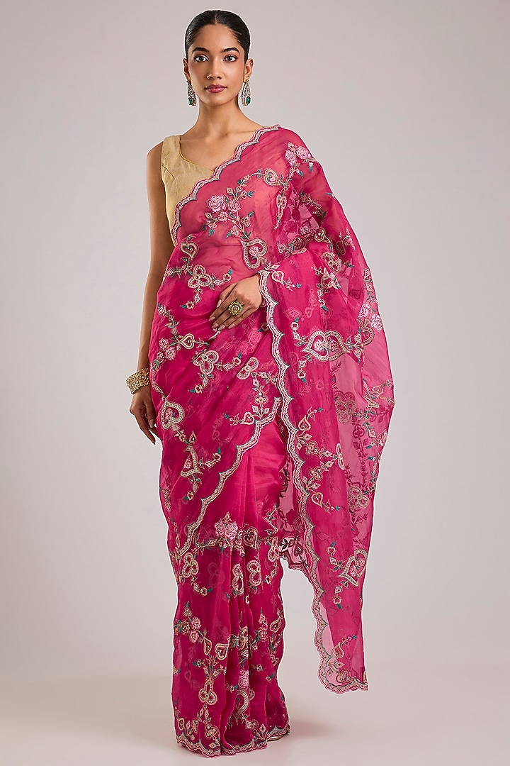Hot Pink Organza Embroidered Reception Saree by TORANI at Pernia's Pop Up Shop
