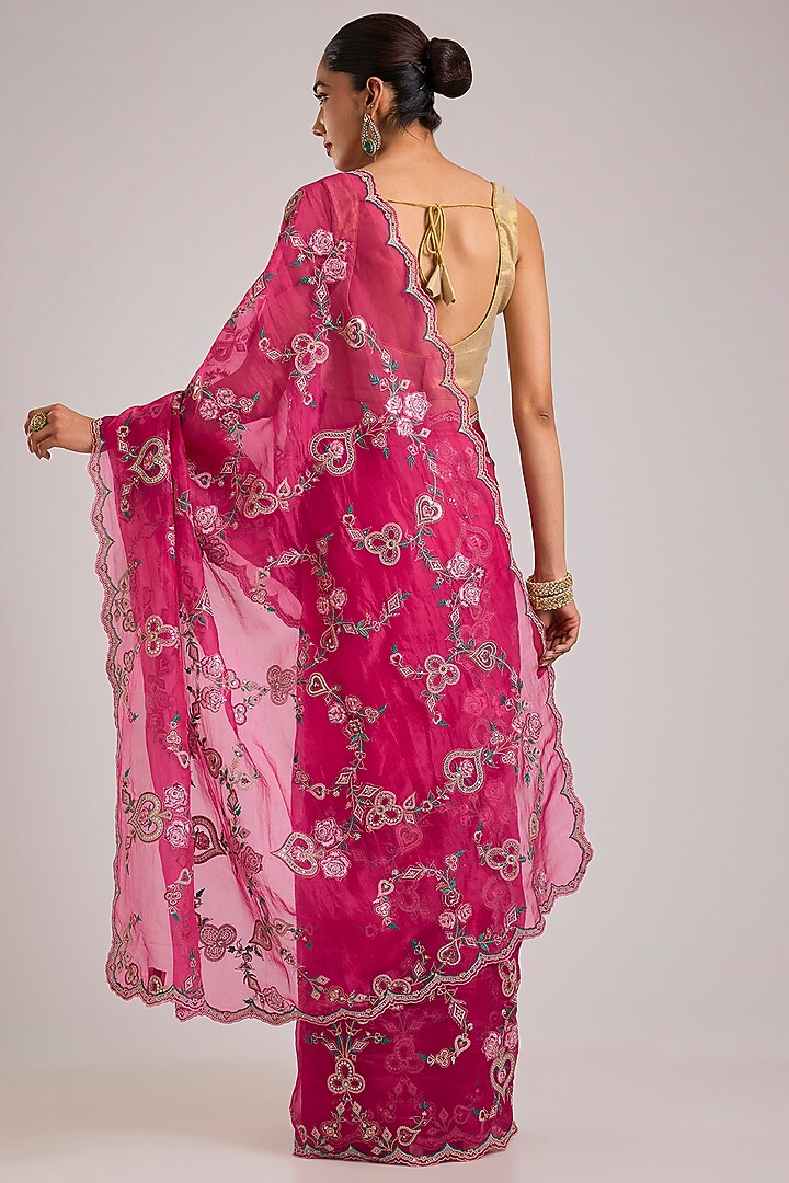 Hot Pink Organza Embroidered Reception Saree by TORANI at Pernia's Pop Up Shop