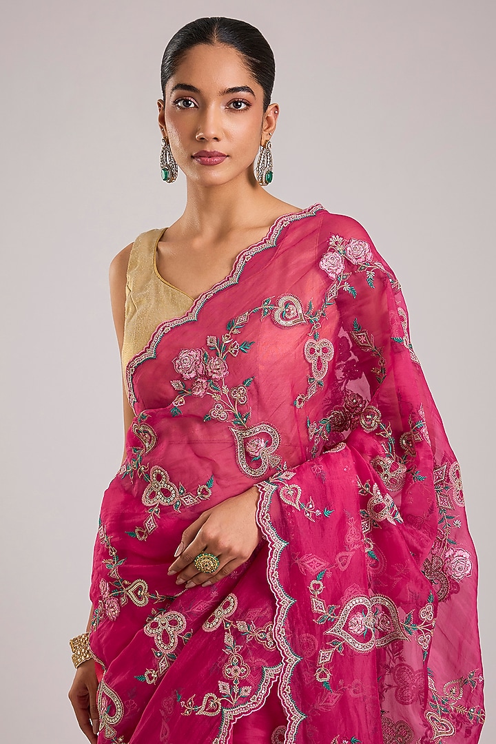 Hot Pink Organza Embroidered Reception Saree by TORANI at Pernia's Pop Up Shop