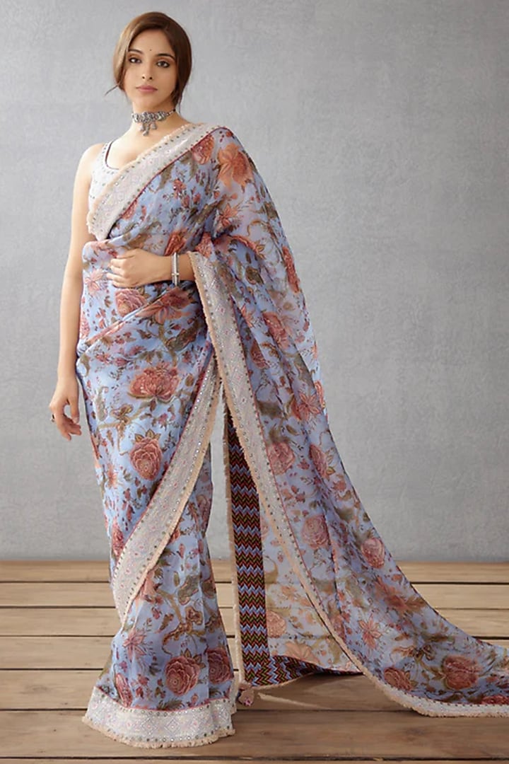 Sea Blue Silk Organza Printed & Embroidered Reception Saree by TORANI at Pernia's Pop Up Shop