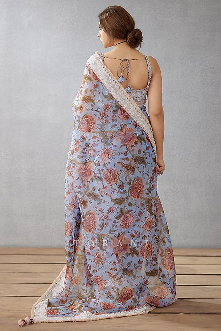 Sea Blue Silk Organza Printed & Embroidered Reception Saree by TORANI at Pernia's Pop Up Shop