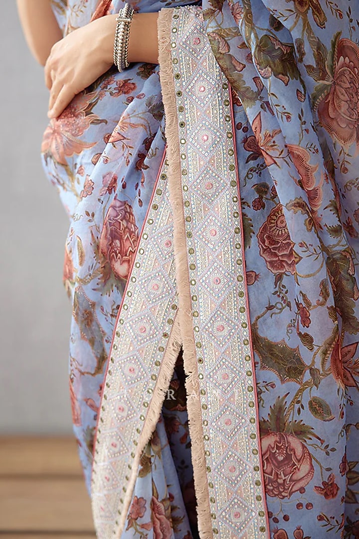 Sea Blue Silk Organza Printed & Embroidered Reception Saree by TORANI at Pernia's Pop Up Shop