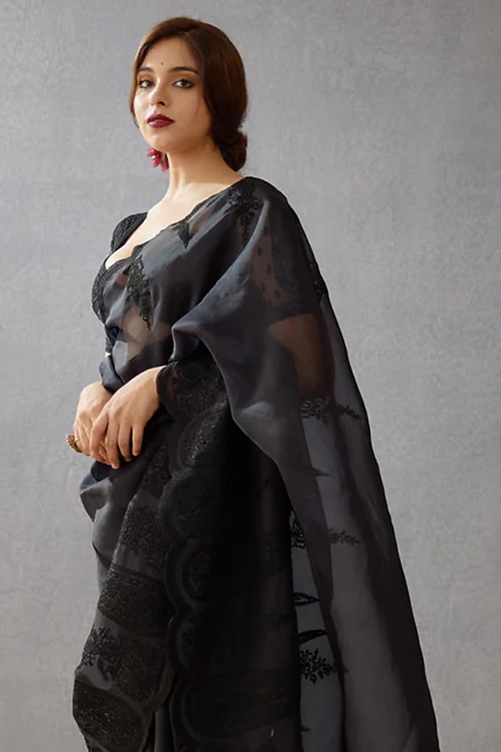 Black Silk Organza Dori Embroidered Wedding Saree by TORANI at Pernia's Pop Up Shop