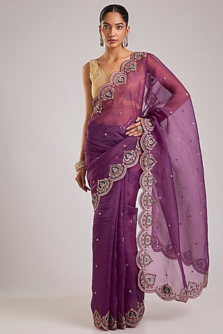 Purple Organza Embroidered Saree by TORANI
