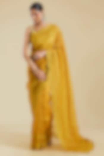 Yellow Silk Organza Aari Embroidered Wedding Saree by Torani at Pernia's Pop Up Shop