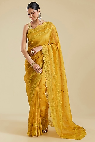 Yellow Silk Organza Aari Embroidered Saree by Torani