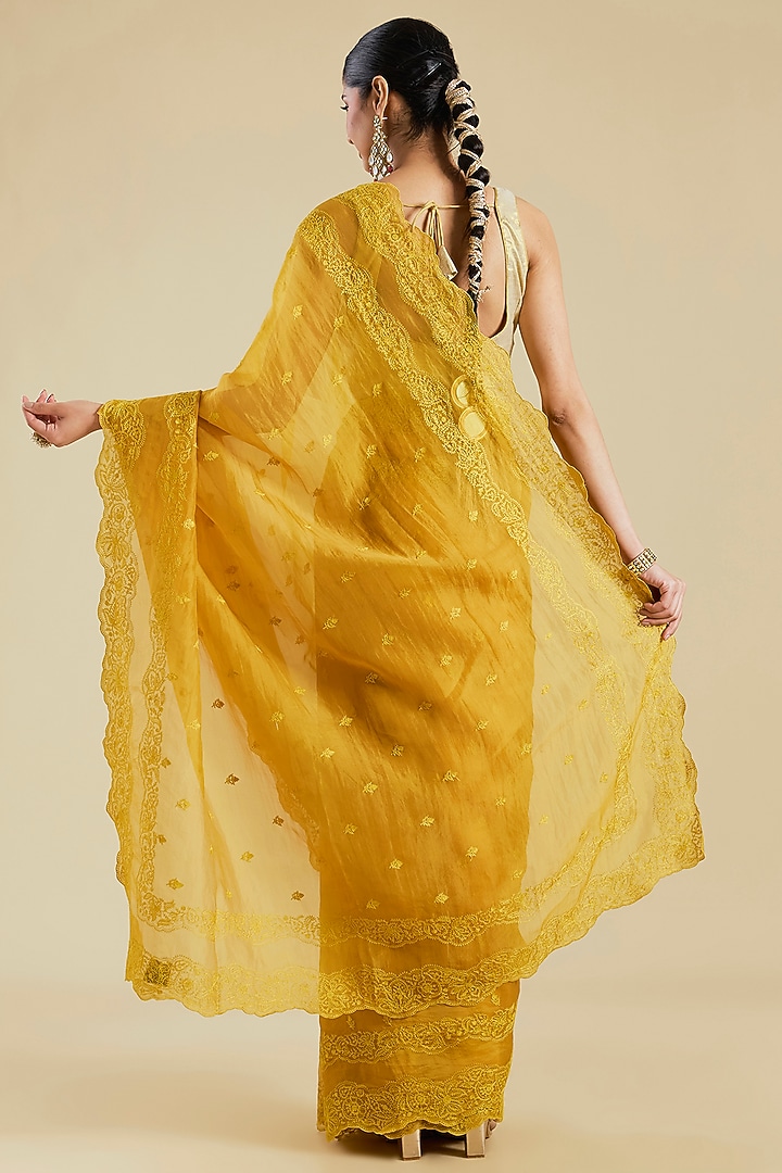 Yellow Silk Organza Aari Embroidered Wedding Saree by Torani at Pernia's Pop Up Shop
