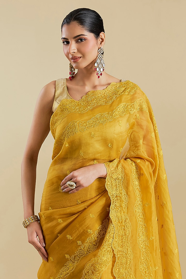 Yellow Silk Organza Aari Embroidered Wedding Saree by Torani at Pernia's Pop Up Shop