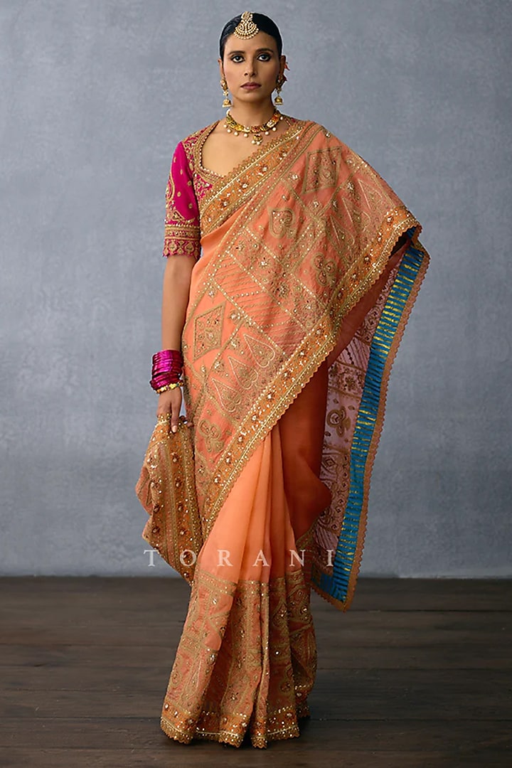 Rustic Orange Organza Dori Embroidered Reception Saree by Torani at Pernia's Pop Up Shop