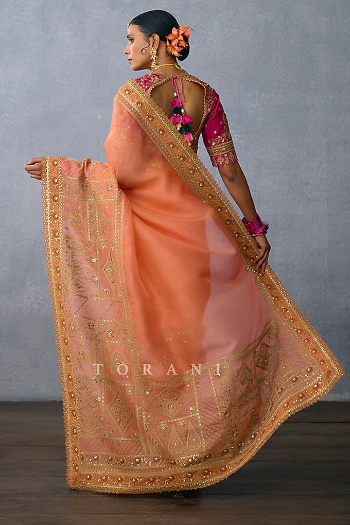Rustic Orange Organza Dori Embroidered Reception Saree by Torani at Pernia's Pop Up Shop