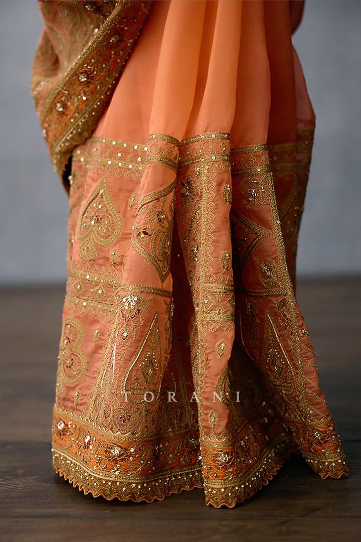 Rustic Orange Organza Dori Embroidered Reception Saree by Torani at Pernia's Pop Up Shop