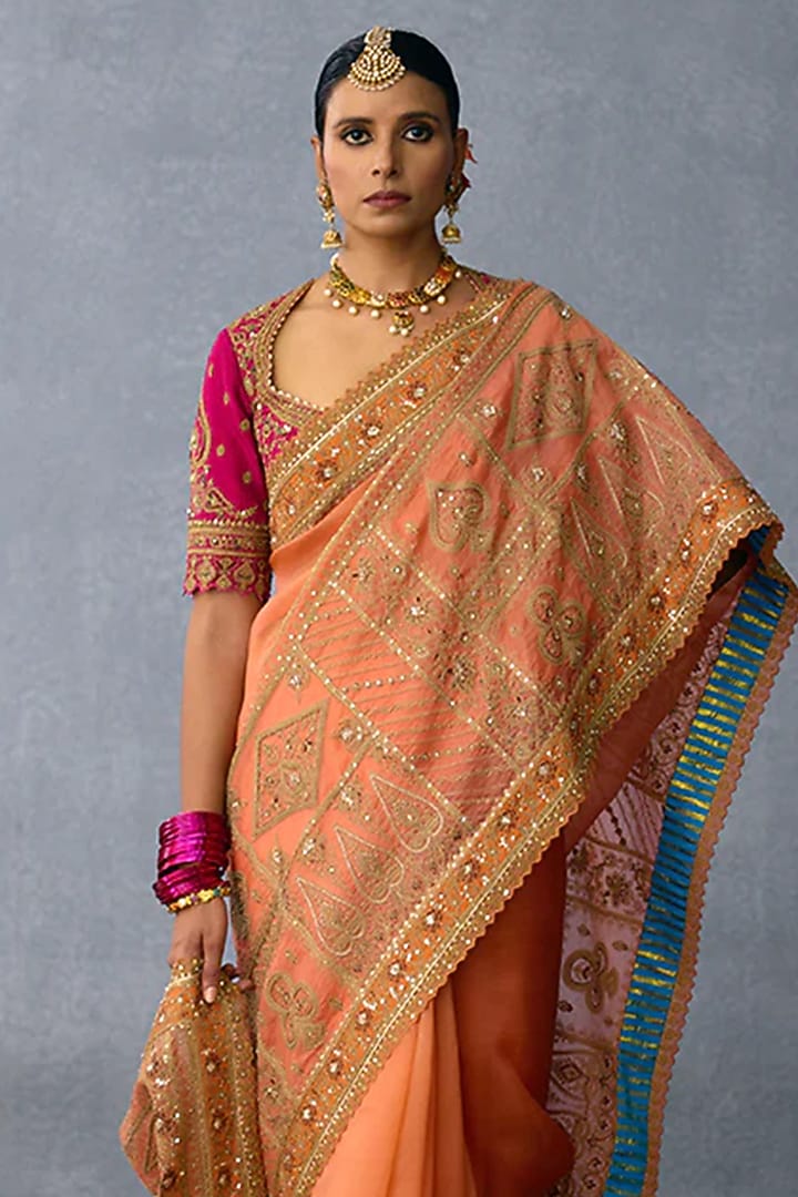 Rustic Orange Organza Dori Embroidered Reception Saree by Torani at Pernia's Pop Up Shop