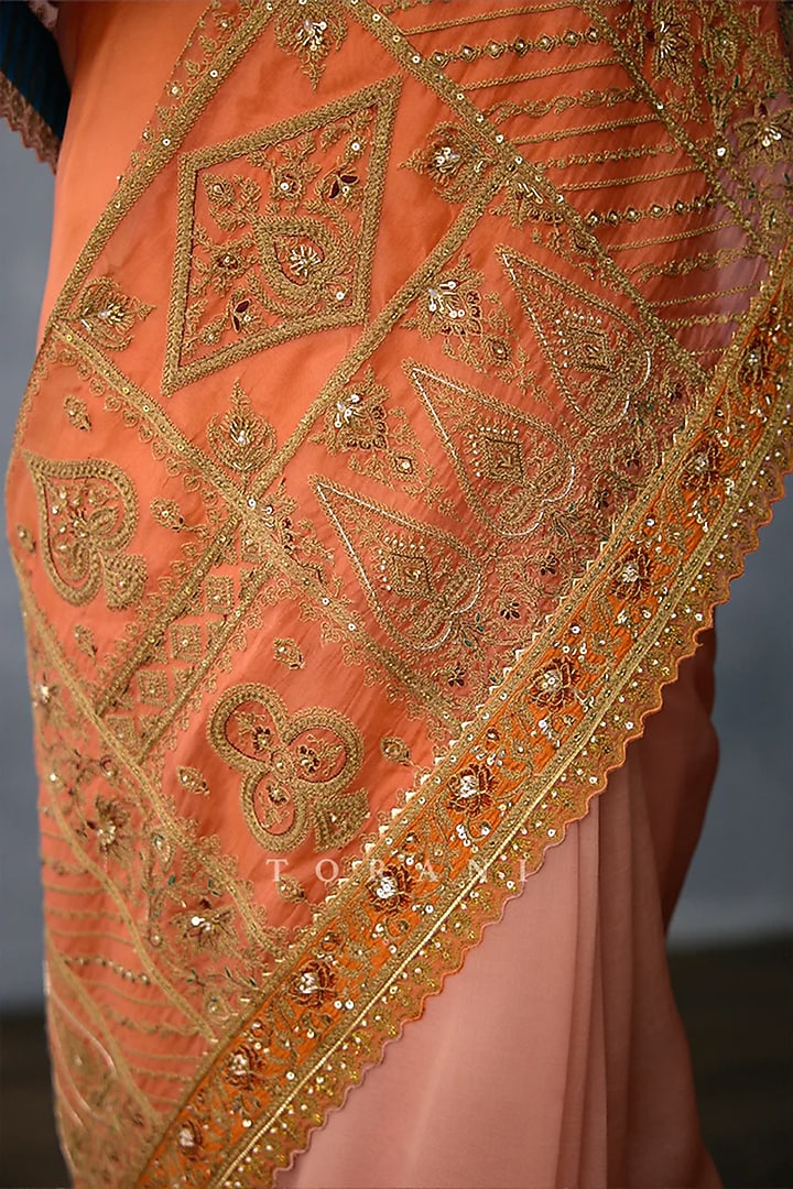 Rustic Orange Organza Dori Embroidered Reception Saree by Torani at Pernia's Pop Up Shop