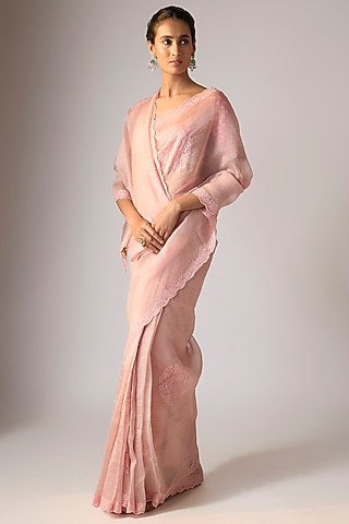 Pink Silk Organza Aari Embroidered Saree by Torani