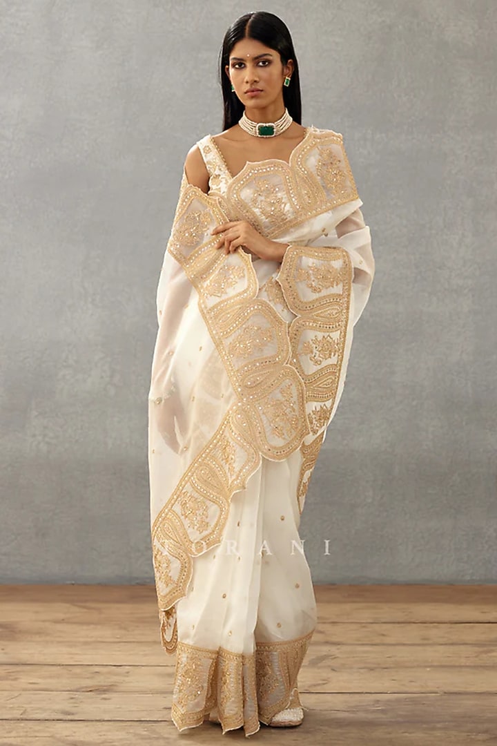 Ivory Silk Organza & Cotton Silk Hand Embroidered Reception Saree by TORANI at Pernia's Pop Up Shop
