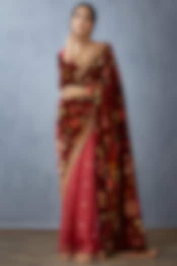 Red Silk Organza & Handwoven Chanderi Block Printed Party Wear Saree by TORANI at Pernia's Pop Up Shop