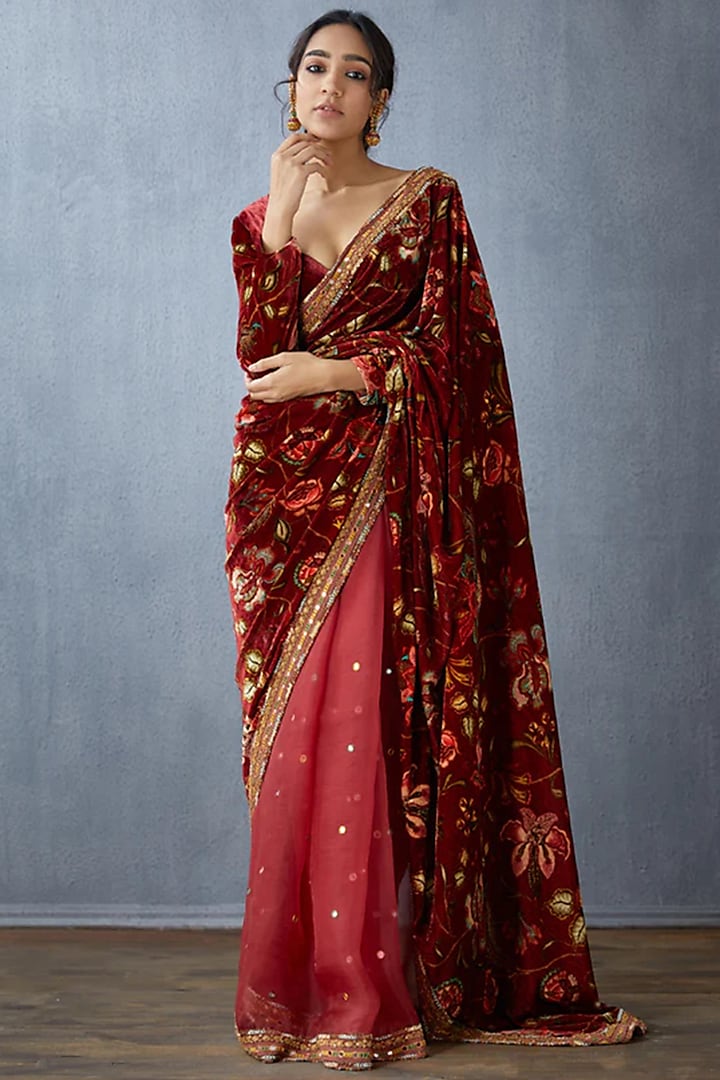 Red Silk Organza & Handwoven Chanderi Block Printed Party Wear Saree by TORANI at Pernia's Pop Up Shop