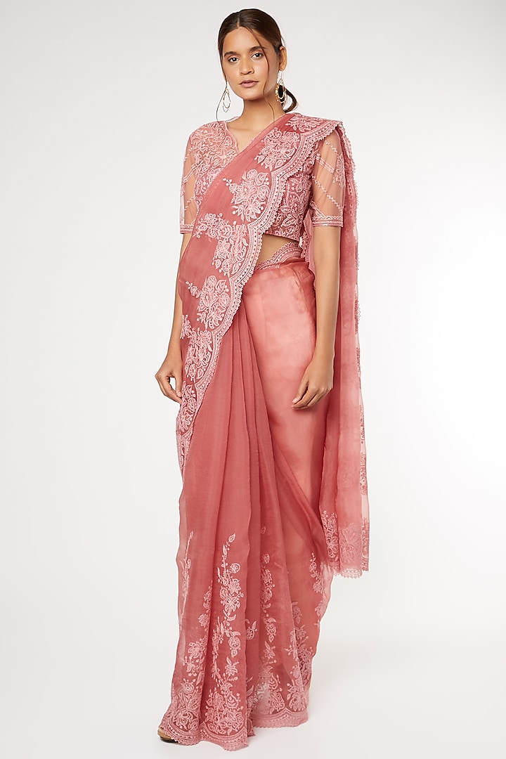 Pink Embroidered Saree Set by TORANI