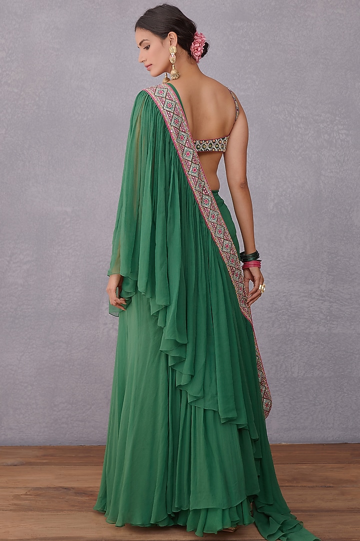 Emerald Green Embroidered Ruffled Wedding Saree by TORANI at Pernia's Pop Up Shop