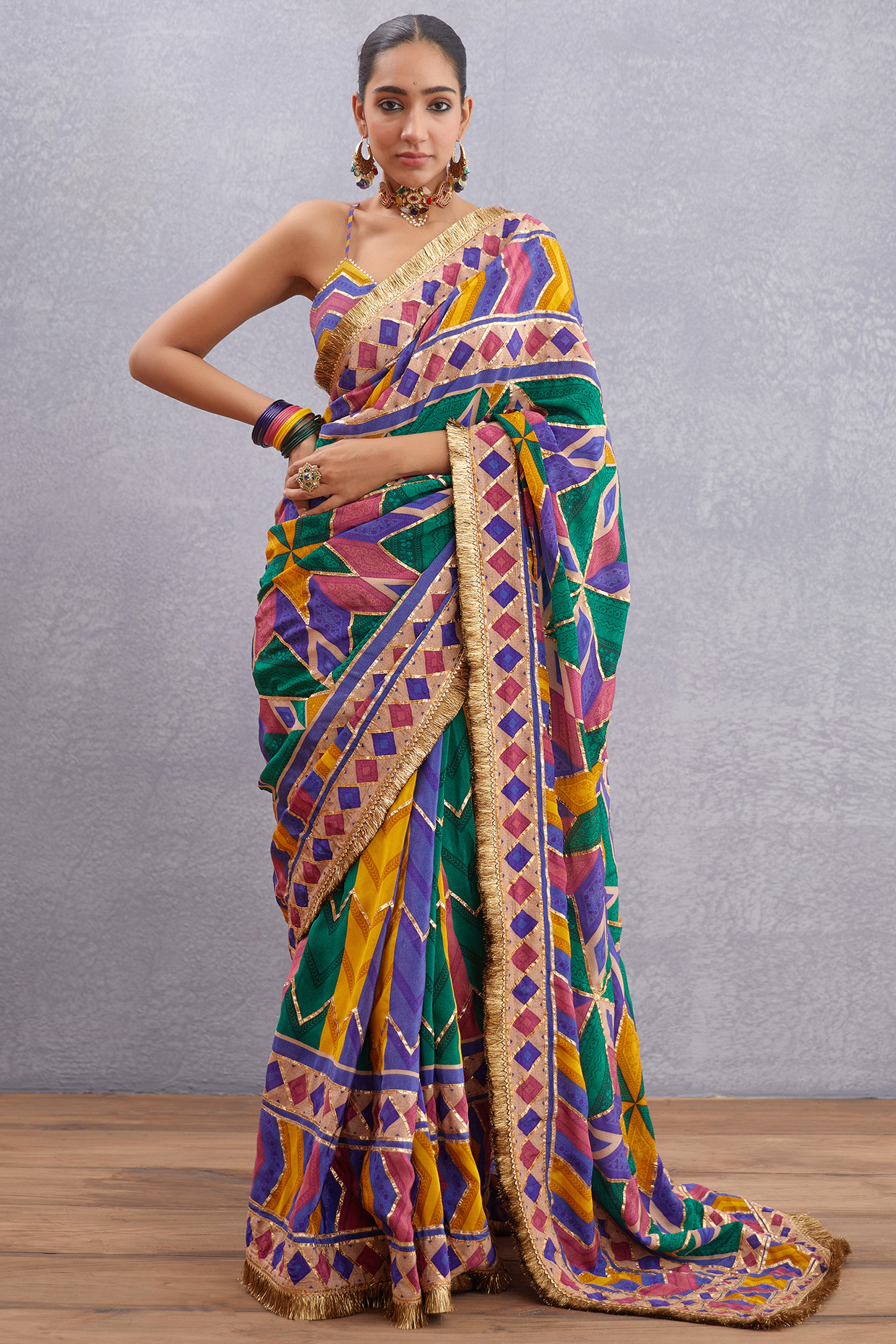 Multi-Colored Silk Crepe & Pure Cotton Printed Reception Saree by TORANI at Pernia's Pop Up Shop