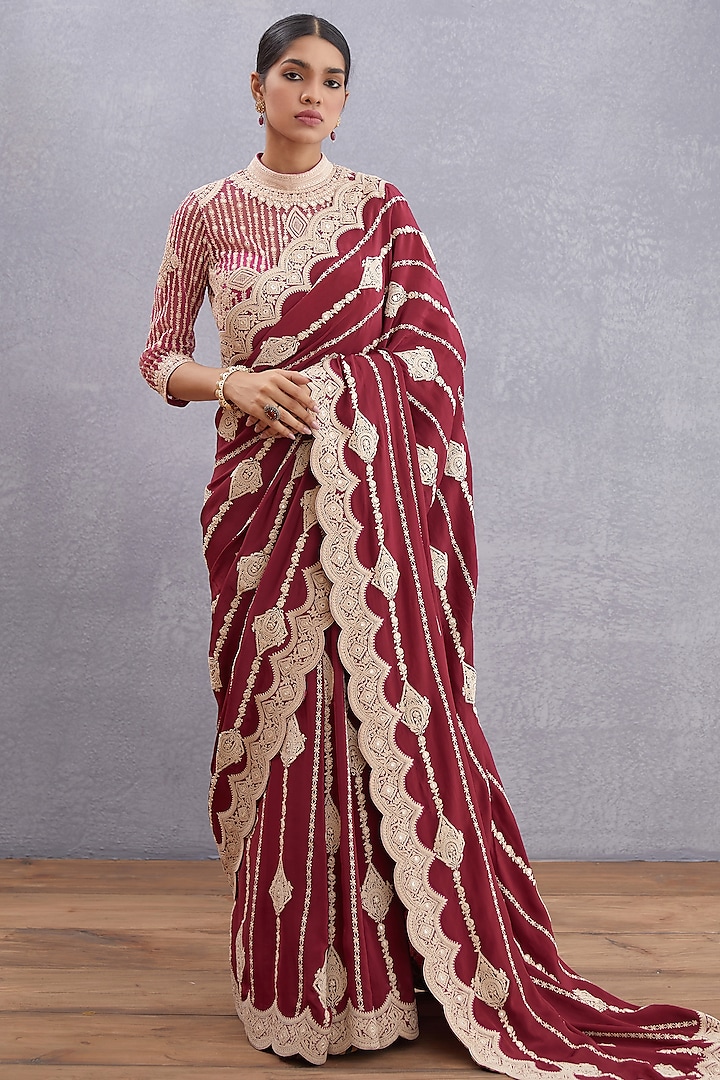 Ruby Red Embroidered Saree by TORANI