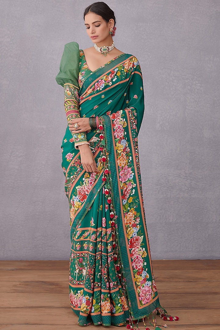 Emerald Green Crepe Silk & Kota Doria Printed Saree by TORANI